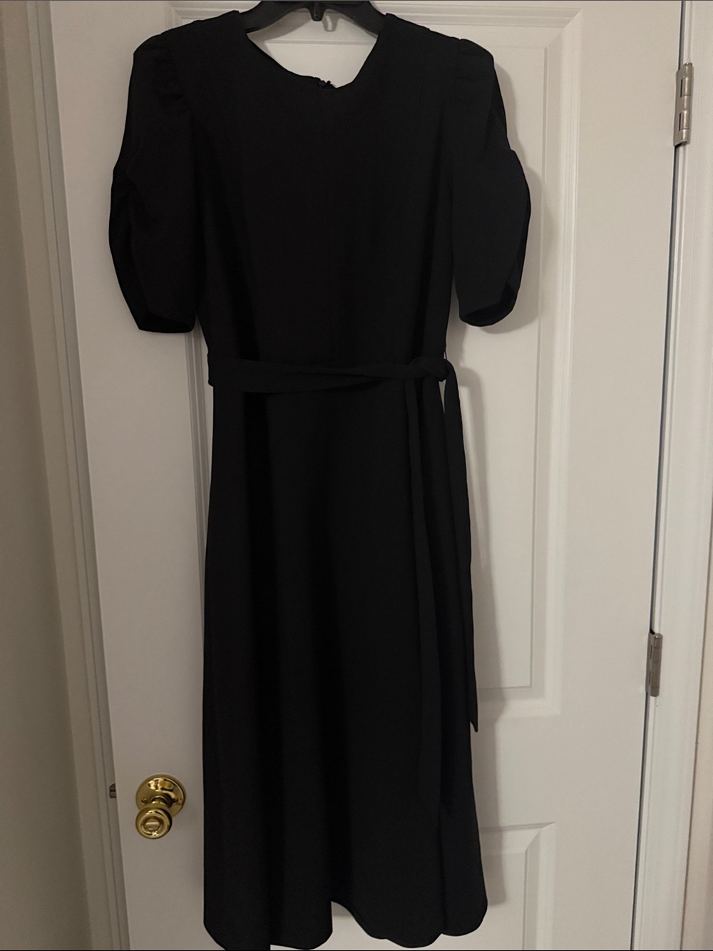 DKNY Black Midi Dress with Tie Waist and Puff Sleeves